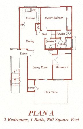 Floor plan for 2 beds, 1 bath, 980 sqft